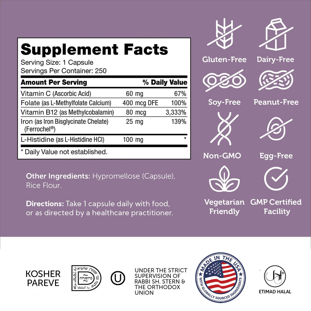 Zahler Iron Complex tablet close-up highlights full nutrient blend for daily red blood cell support.