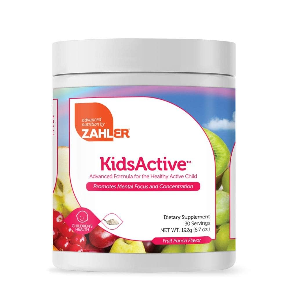 Zahler KidsActive fruit punch powder in tub promotes kid-friendly focus
