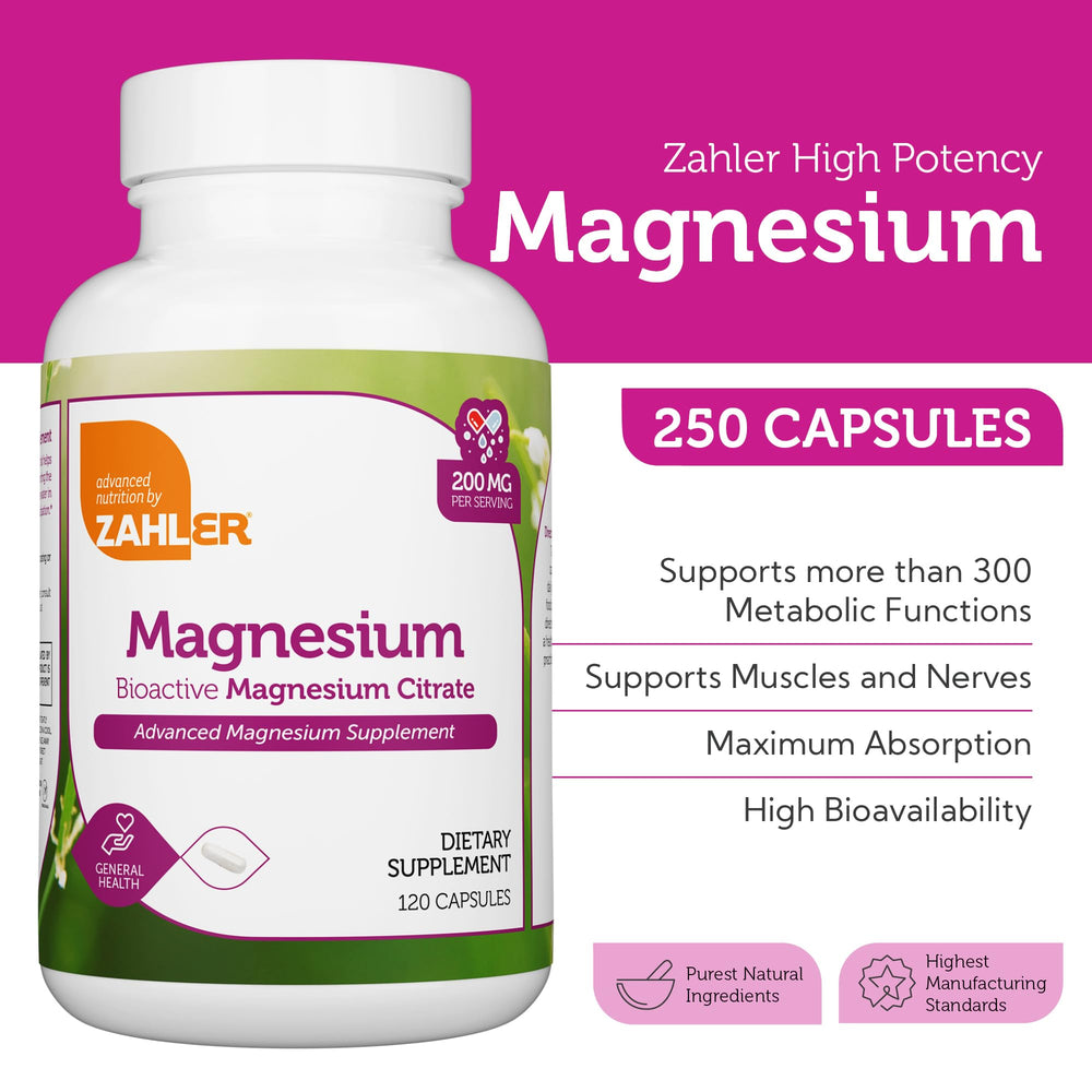 Zahler Magnesium Citrate capsules close-up for easy swallowing