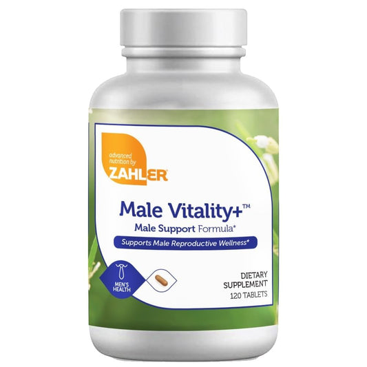 Zahler Male Vitality+ bottle front highlighting branding and Kosher certification for trust.