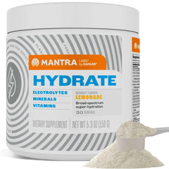 Zahler Mantra Hydrate lemonade bottle pour demonstrates refreshing hydration for workouts
