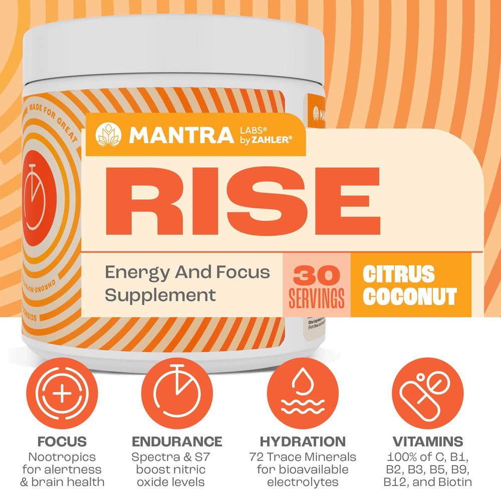 Zahler Mantra Rise ingredients panel highlights antioxidants and minerals.