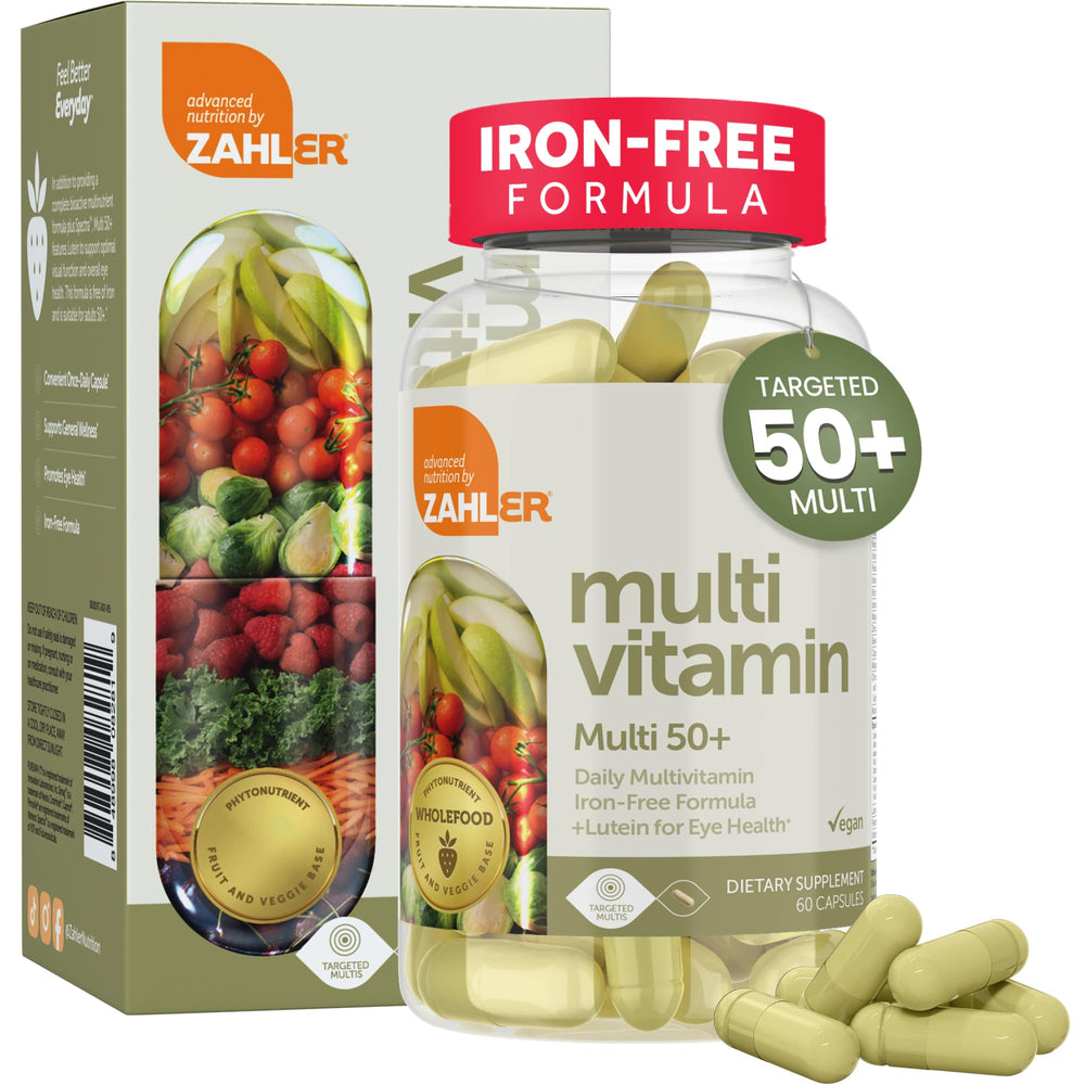 Zahler Multivitamin 50+ bottle front view highlighting iron-free formula for seniors.