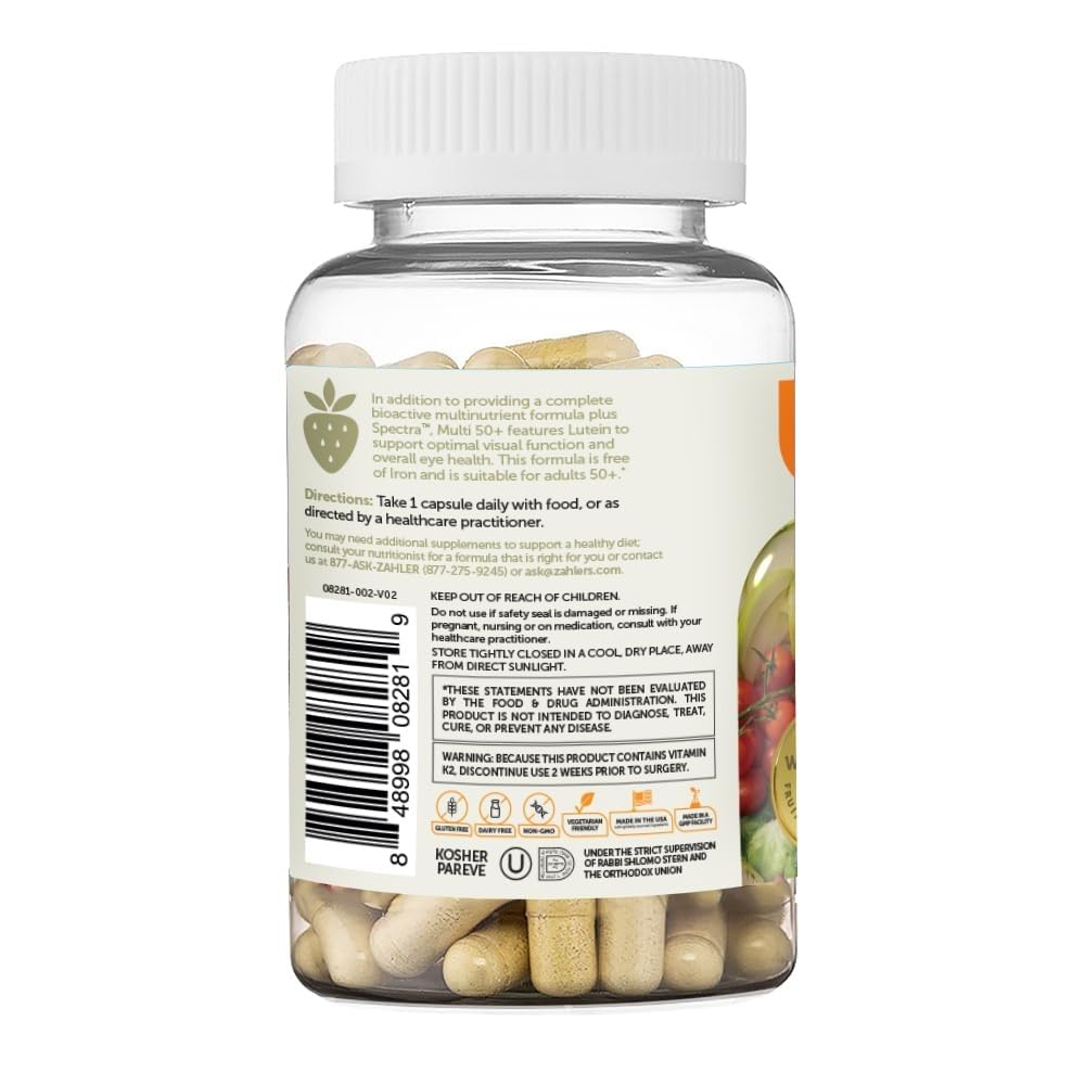 Zahler Multivitamin 50+ label close-up shows vegan, non-GMO, allergen-free notes.