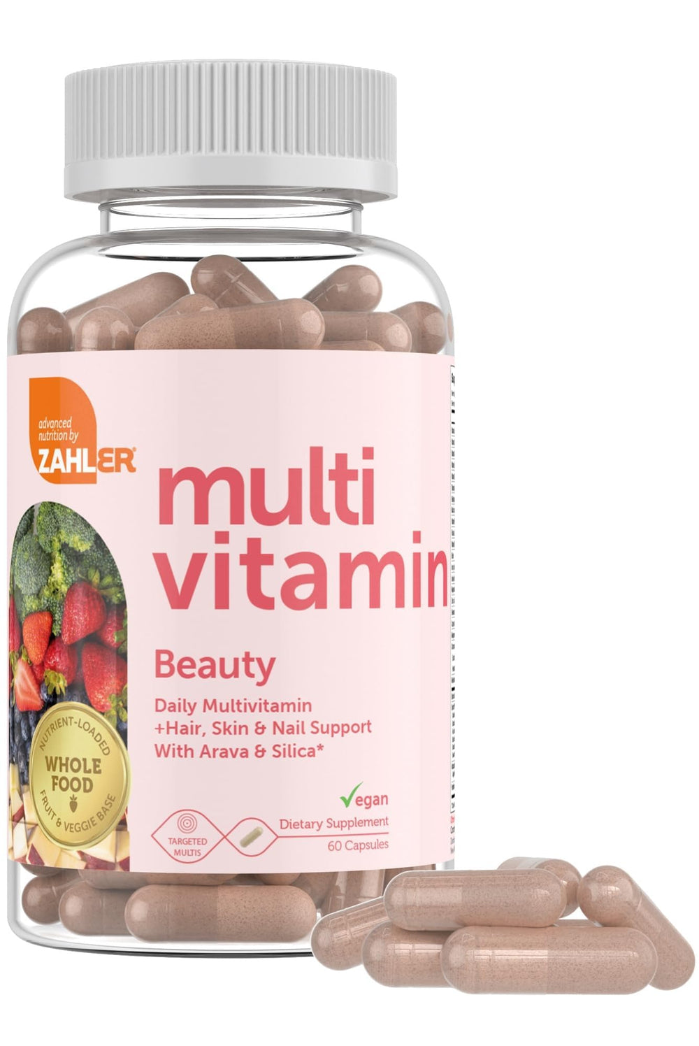 Close-up of Zahler Multivitamin Beauty tablets for daily use.