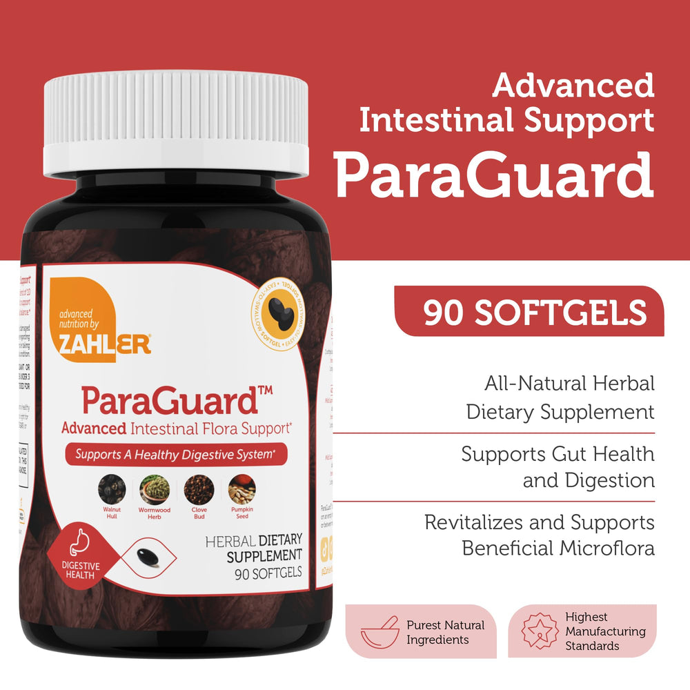 Close-up of Zahler Paraguard softgels for digestion support.