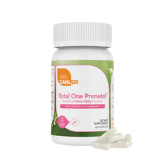Zahler Total One Prenatal bottle pack showing 22 nutrients for mom and baby support