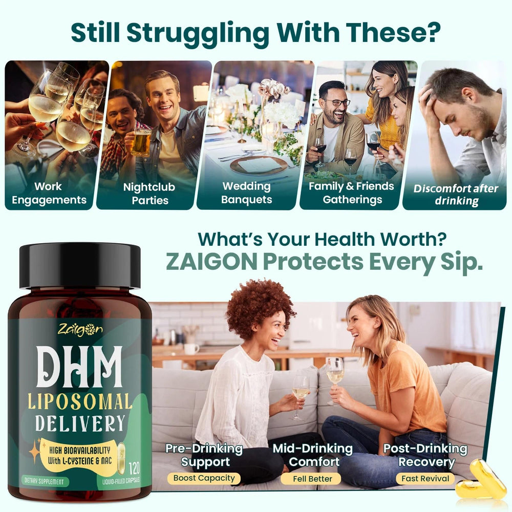 Zaigon DHM bottle front label highlighting 1000 mg DHM and clean ingredient promise.