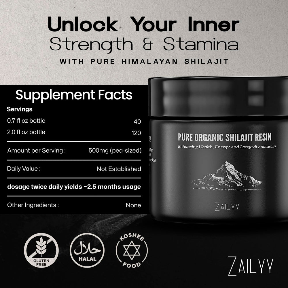 ZAILYY Organic and Non-GMO Shilajit resin.