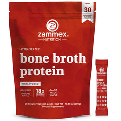 Zammex bone broth packets label showing 18g protein per serving for on-the-go nutrition.