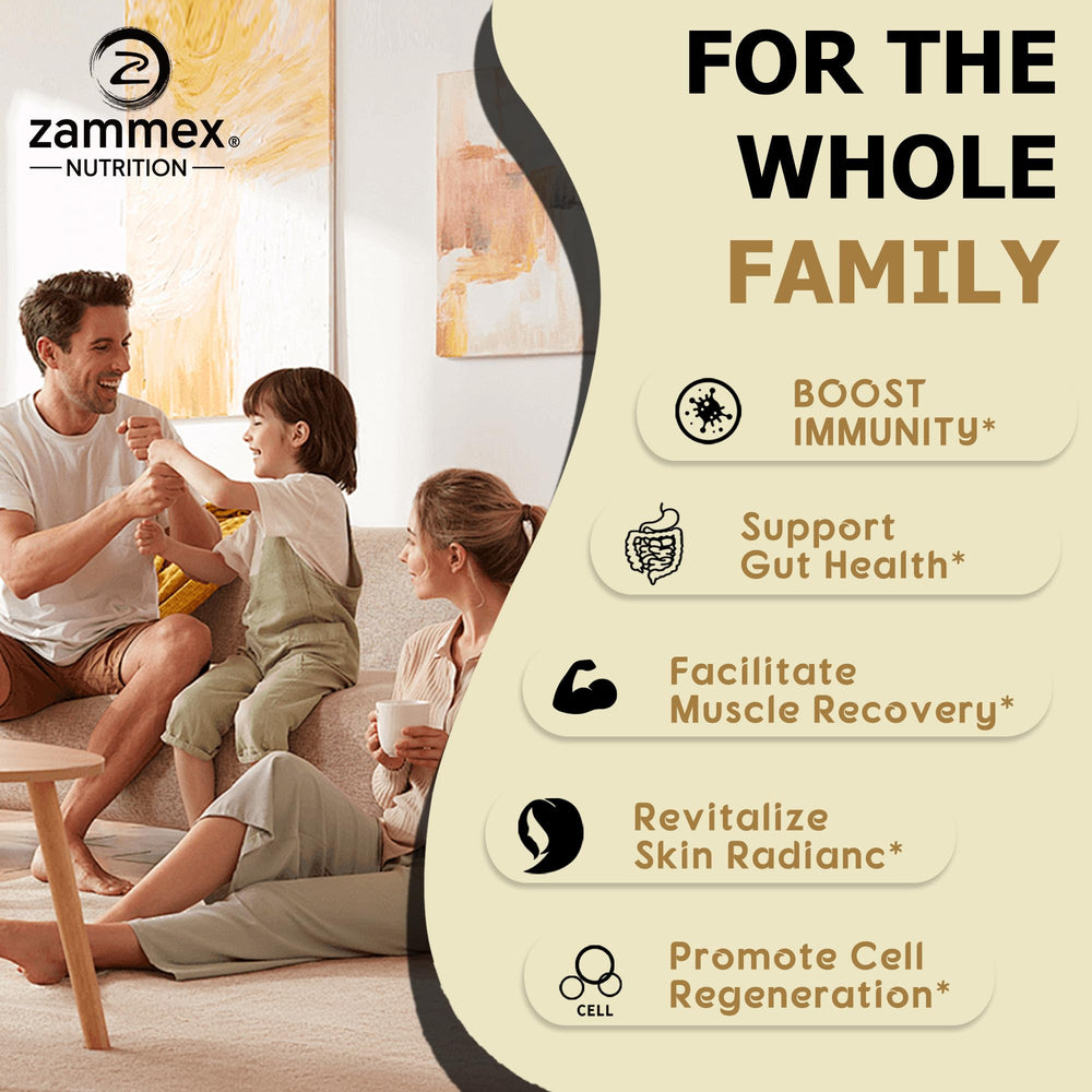 Zammex colostrum powder glass-mix highlights versatile smoothie integration.