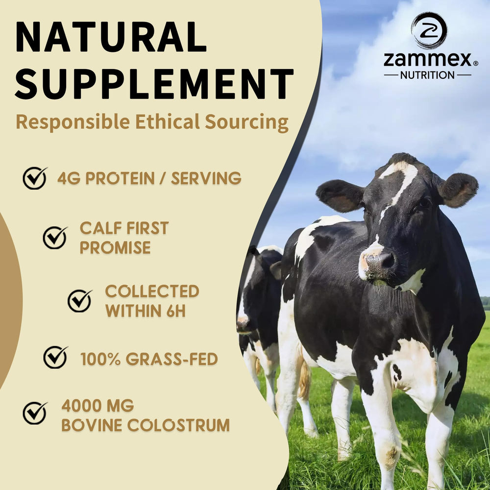 Zammex bovine colostrum powder pour image suggests simple stir-in use.