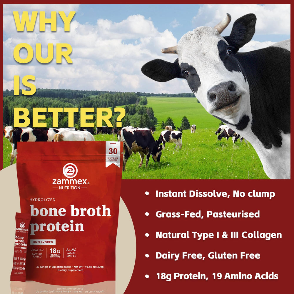 Zammex bone broth powder mixing image emphasizes quick, tasty hydration.