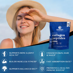 Zammex collagen peptides in smoothie promoting everyday use.