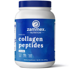 Zammex collagen peptides powder bottle, convenient daily supplement for easy mixing.
