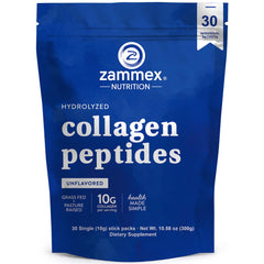 Zammex collagen travel packets front view, ideal for adding to smoothies for daily wellness.