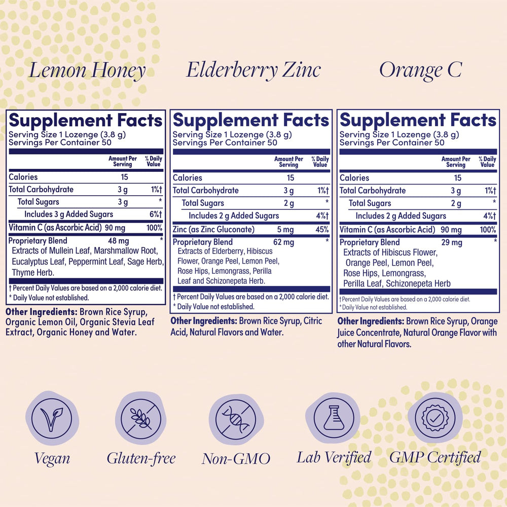 ZAND Elderberry Zinc lozenge close-up emphasizing zinc and berry flavor.