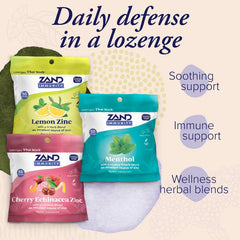 ZAND Immunity Cherry Echinacea Zinc lozenge with herbal wellness notes.