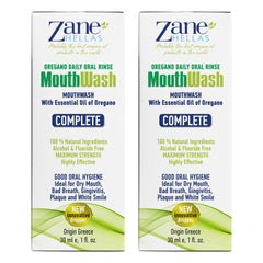 Zane Hellas MouthWash bottle pour shows a potent oregano oil blend for daily care.