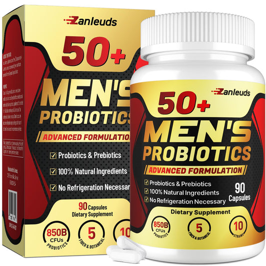 Zanleuds Probiotics for Men 50Plus bottle supports daily gut health and vitality.