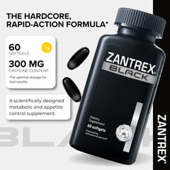 Zantrex Black bottle back with label detailing GLP-1 support and appetite guidance