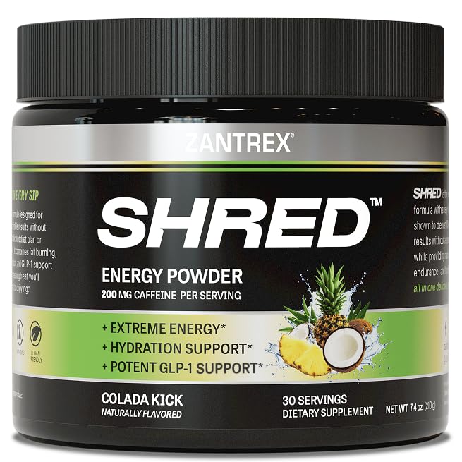 Zantrex Shred Colada Kick tub displaying the powder packaging and appetite-support concept