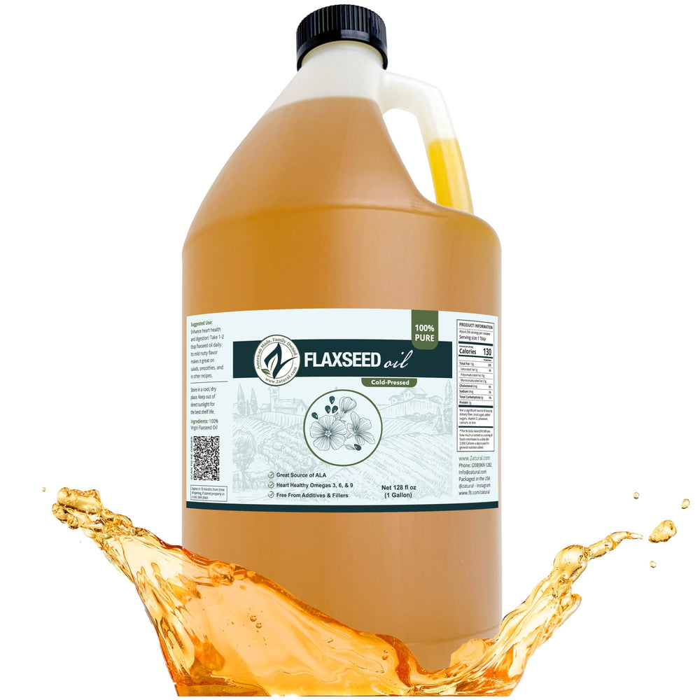 Zatural flaxseed oil bottle with pour spout, ideal for dressings and salads.
