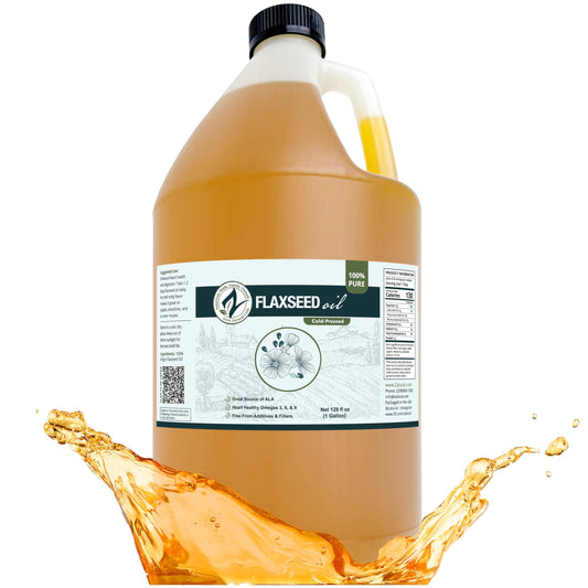 Zatural flaxseed oil bottle with pour spout, ideal for dressings and salads.