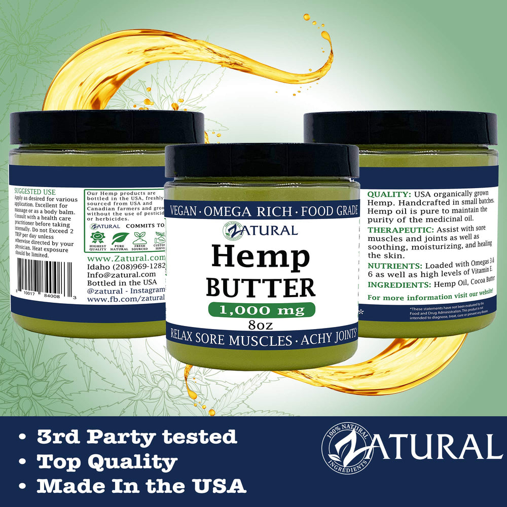 Zatural Hemp Butter natural ingredients banner reinforces safe, versatile body care.
