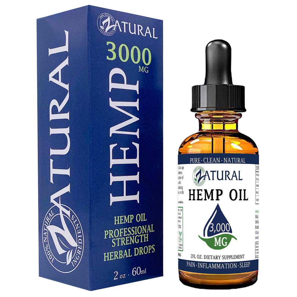 Zatural Hemp Oil Drops bottle shows omega-3 and omega-6 content for daily nutrition.