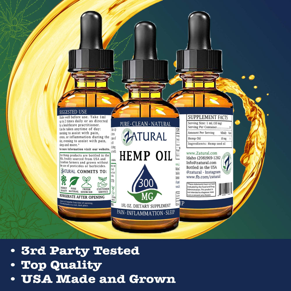 Zatural Hemp Oil Drops nutrition panel highlights omega-3, vitamin E.