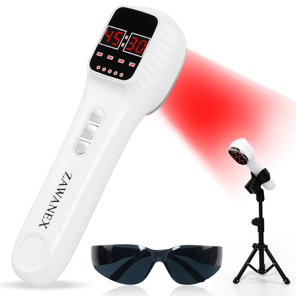 ZAWANEX handheld red light therapy device used on the arm for targeted relief.