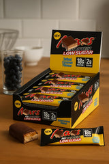 ZAYKIR Hi Protein Bars Soft Nougat close-up, chewy texture ideal for pre- or post-workout fueling.