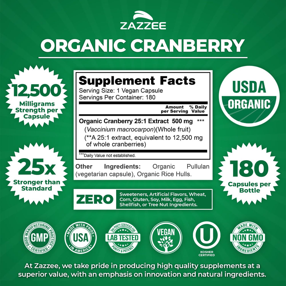 Zazzee Cranberry 25 Extract label close‑up highlights organic certification