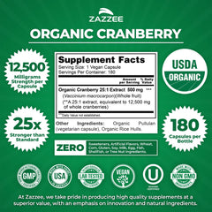 Zazzee Cranberry 25 Extract label close‑up highlights organic certification