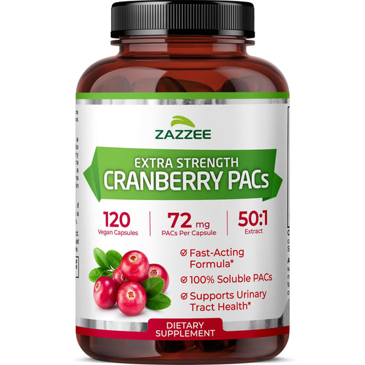 Zazzee Cranberry PACs bottle front shows 4-month supply and 2X strength for urinary health support