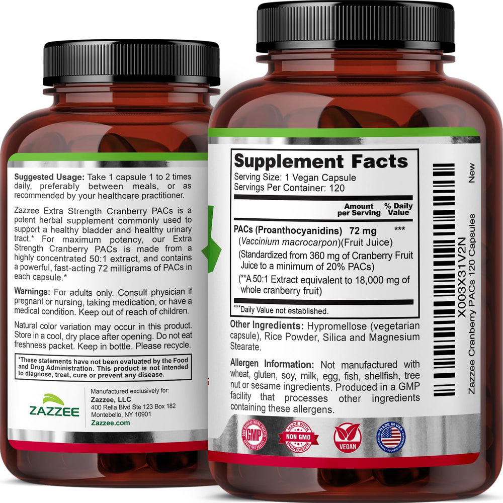 Zazzee Cranberry PACs vegan capsule close-up demonstrates plant-based option for daily urinary health support