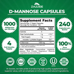 Close-up of Zazzee D-Mannose capsules highlighting a single-ingredient formula