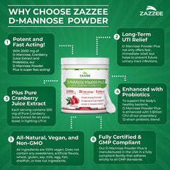 Zazzee D-Mannose Powder Plus non-GMO seal on packaging.