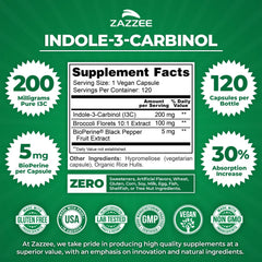 Zazzee i3c capsules close-up highlights vegan formula and 200 mg per capsule