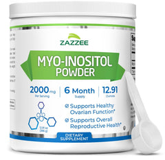 Zazzee Myo-Inositol powder bottle with scoop ensures precise daily dosage.