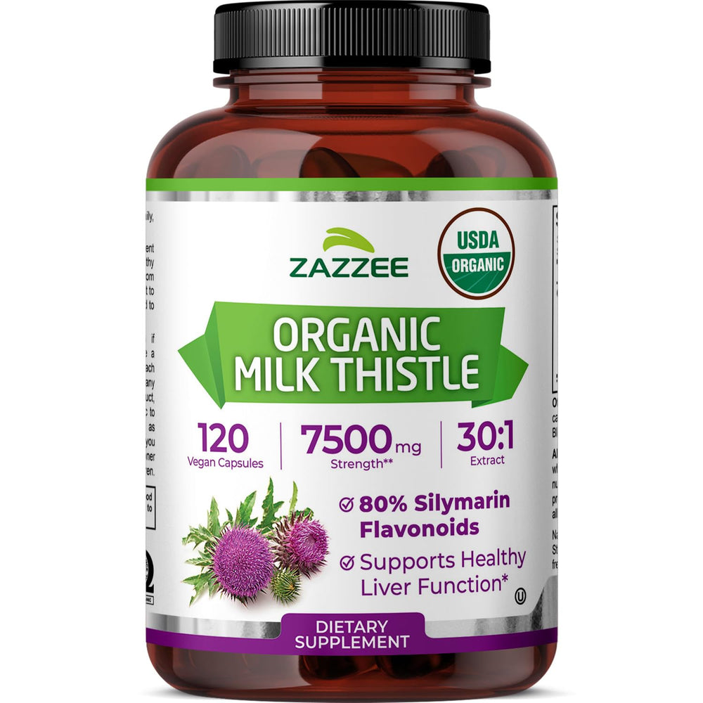 Zazzee Organic Milk Thistle bottle shows a 30:1 extract for concentrated potency.
