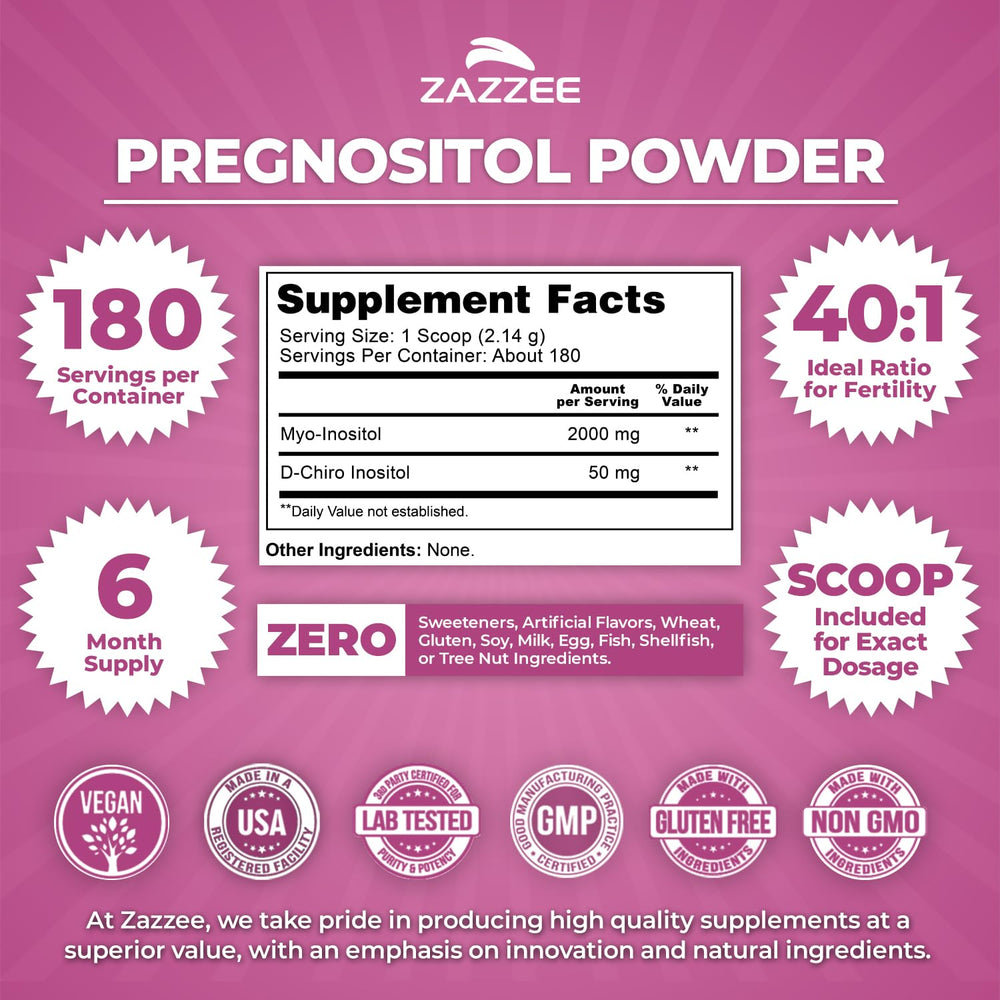 Zazzee PREGNOSITOL six-month supply shown in bottle format.