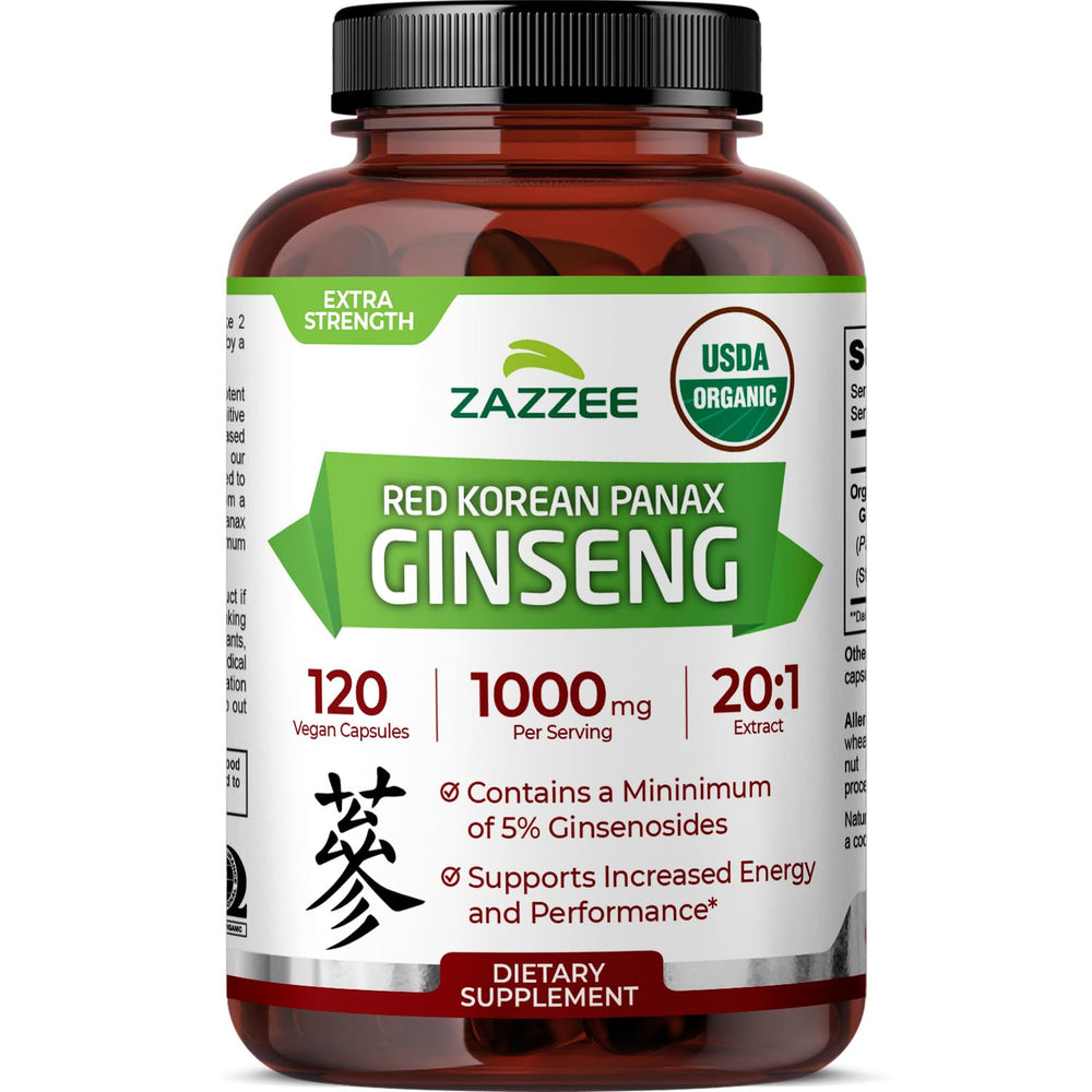 Zazzee red Korean ginseng 20x extract bottle hints at potent daily energy support.