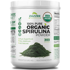 Zazzee spirulina powder in a wide-mouth container for easy scooping.