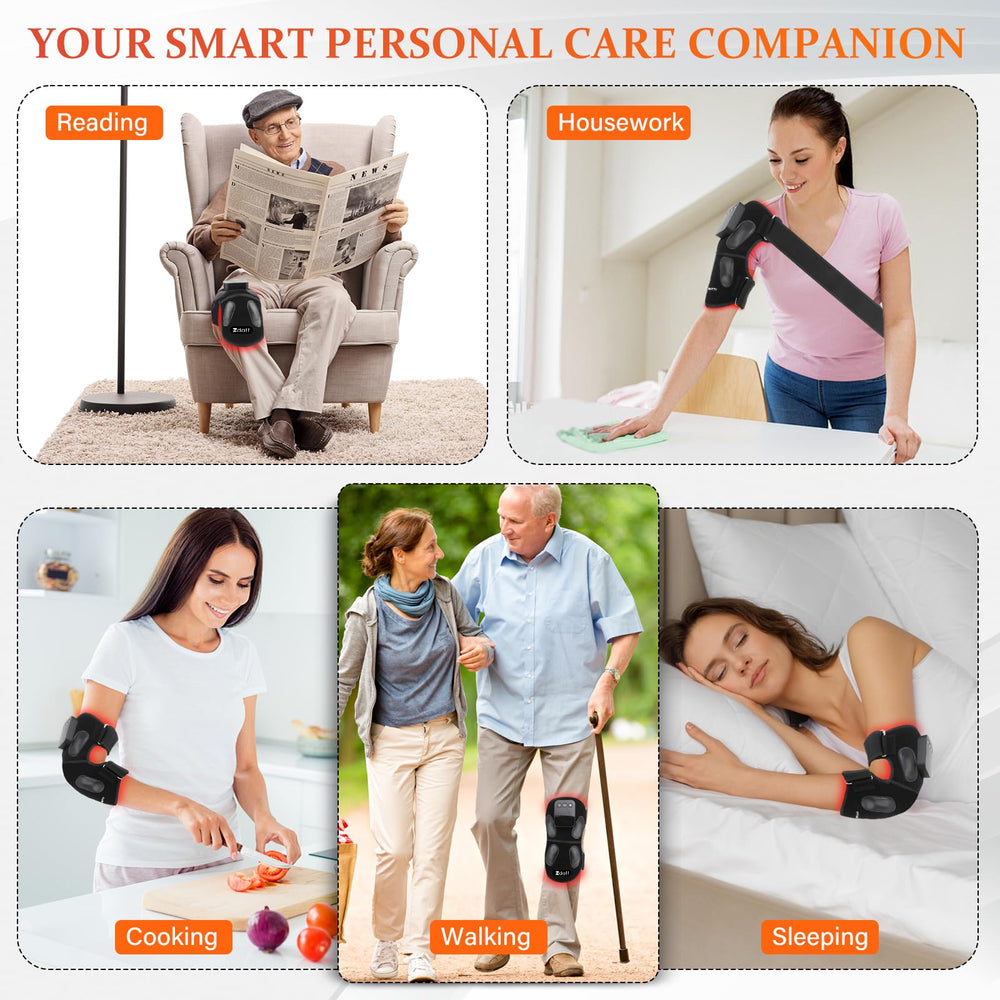 Zdatt Ergonomic knee massager with strap for secure fit.