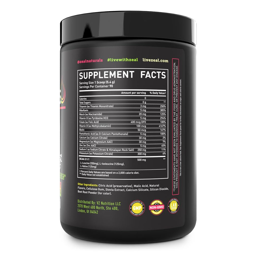 Zeal Naturals Zeal Electrolyte Powder ingredients closeup featuring pink Himalayan salt and minerals.