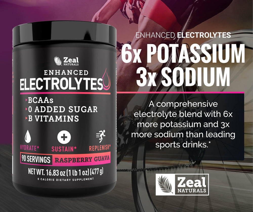 Zeal Electrolyte Powder ingredients panel highlights electrolyte balance and BCAA blend.