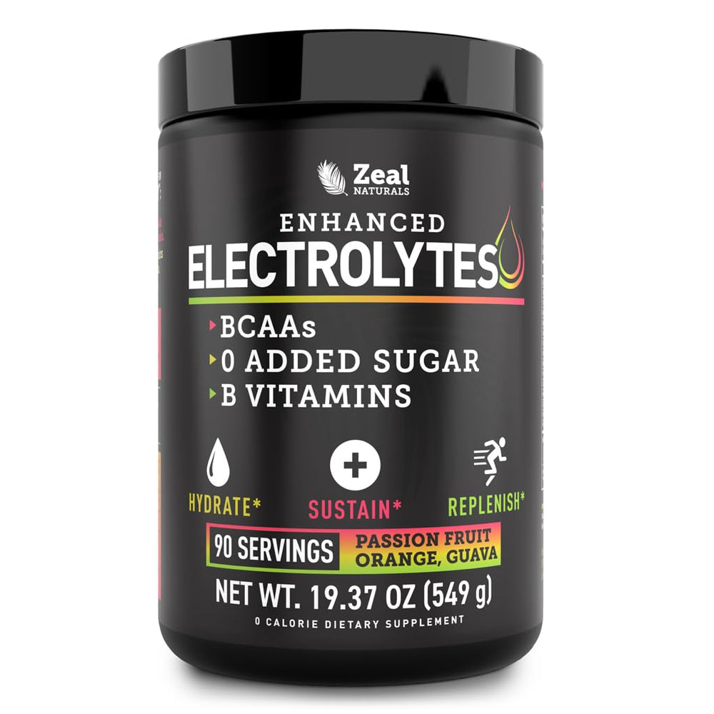 Zeal Naturals Zeal Electrolyte Powder tub with scoop supports steady hydration.