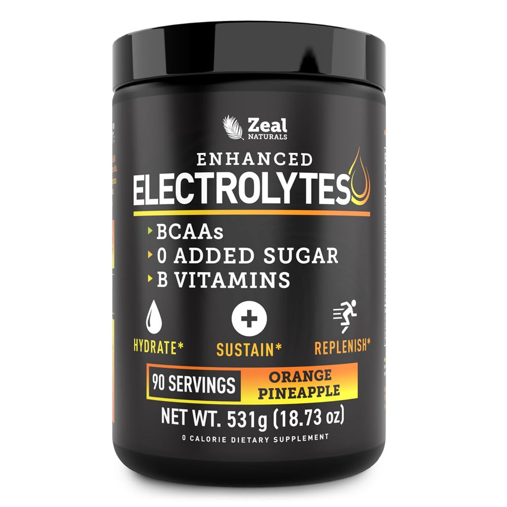 Zeal Electrolyte Powder tub front with orange pineapple flavor for daily hydration